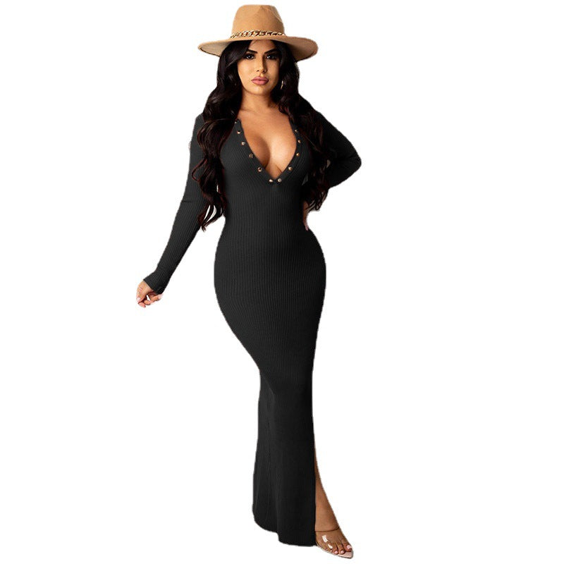 Lapel Backless Long Sleeves Slit Midi Skirt