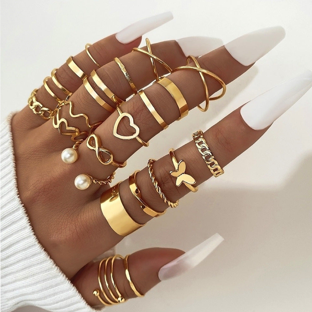 Open-End Multi-Joint Ring Set, 22-Piece Heart-Shaped Rings For Women