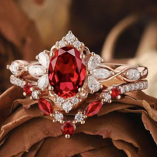 Electroplated Rose Gold Ring Set With Red Gemstones