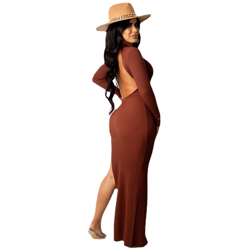 Lapel Backless Long Sleeves Slit Midi Skirt