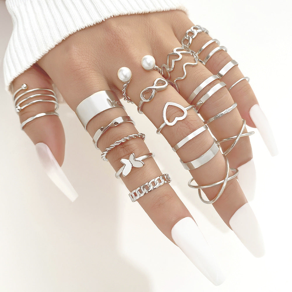 Open-End Multi-Joint Ring Set, 22-Piece Heart-Shaped Rings For Women